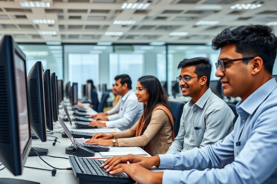 Back-office staff working at computers in a corporate office