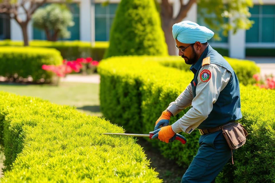 Gardener maintaining hedges and lawns on a corporate campus
