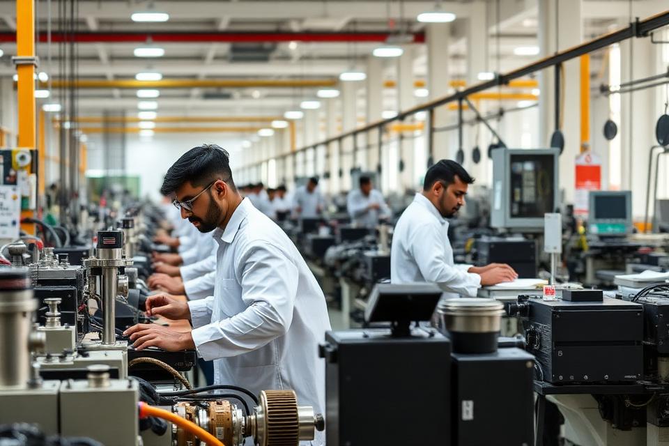 Skilled manpower operating machinery inside a manufacturing plant
