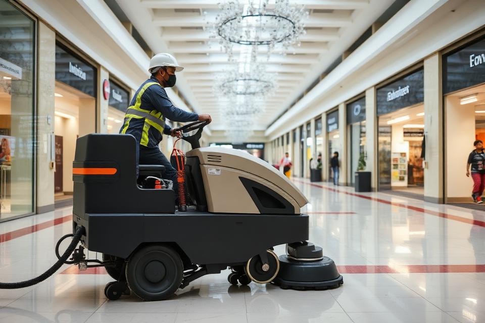 Operator running a floor scrubbing machine in a large commercial concourse