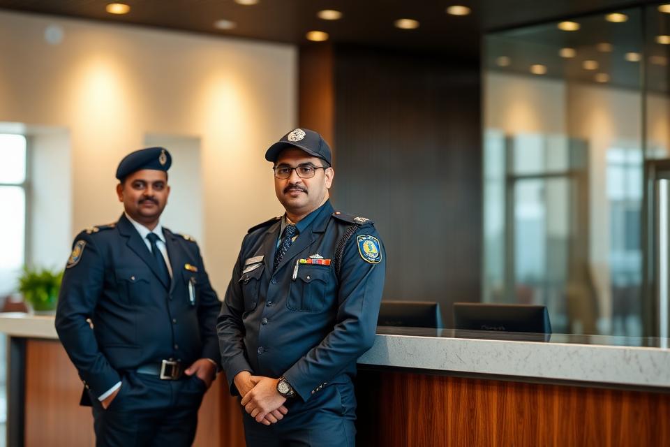 Security guard and supervisor in uniform at a corporate reception desk